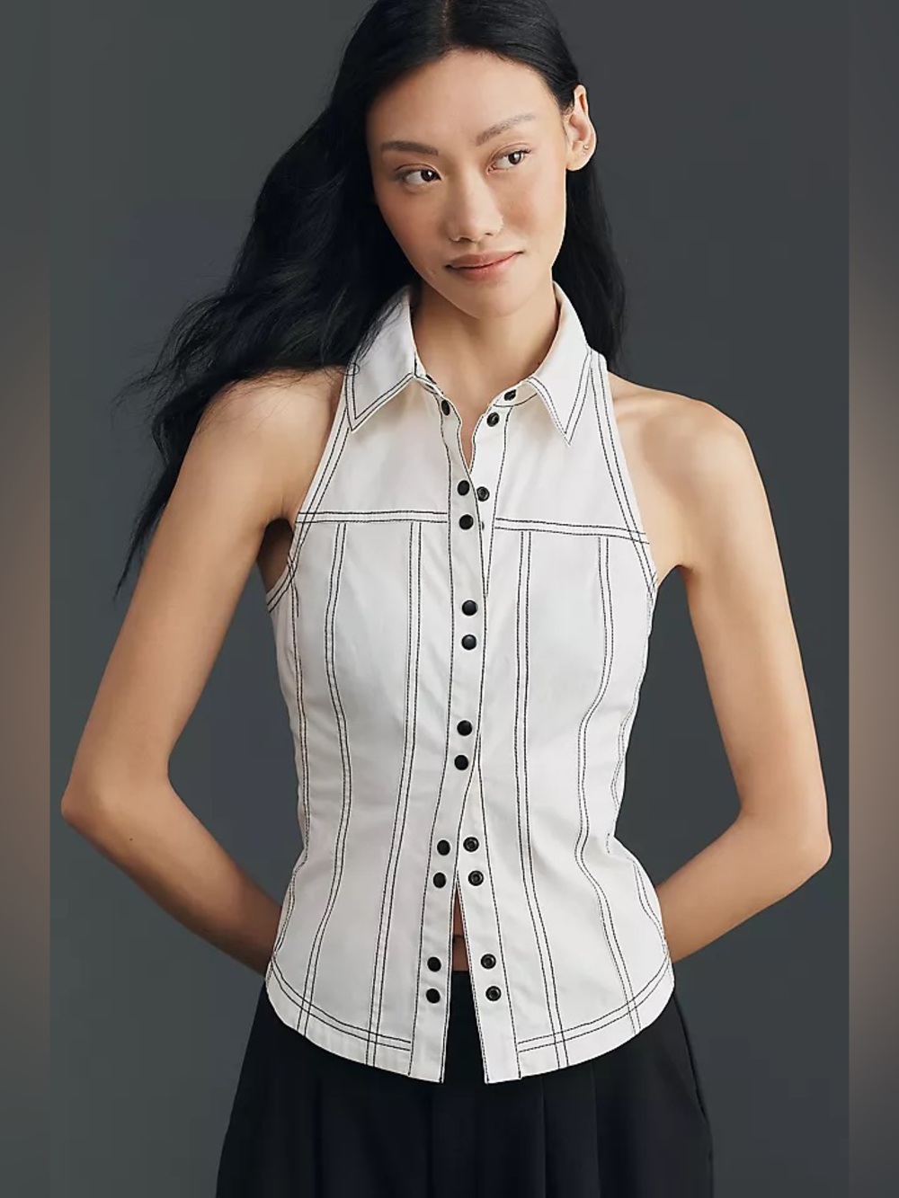 Pilcro White Halter Button-Front Top with Black Contrast Stitching